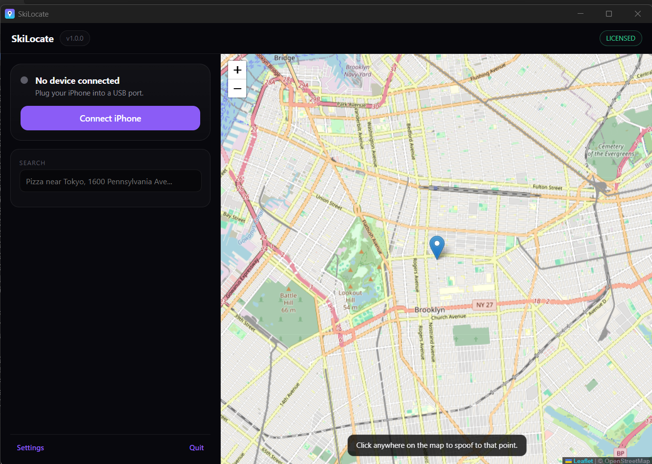 SkiLocate Windows app showing connected iPhone and an interactive map for spoofing GPS location