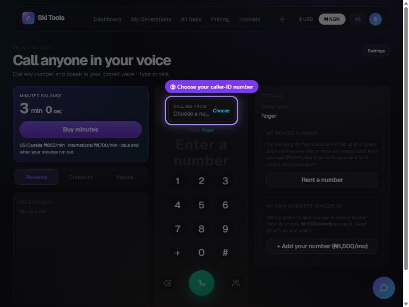 Ski Voice Call step 4: Enter the number to call