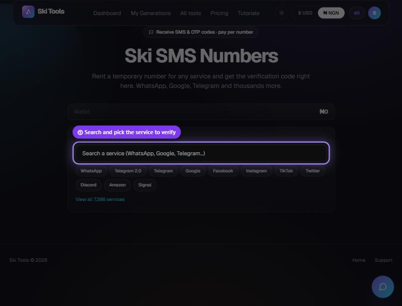 Ski SMS Numbers step 2: Pick a service